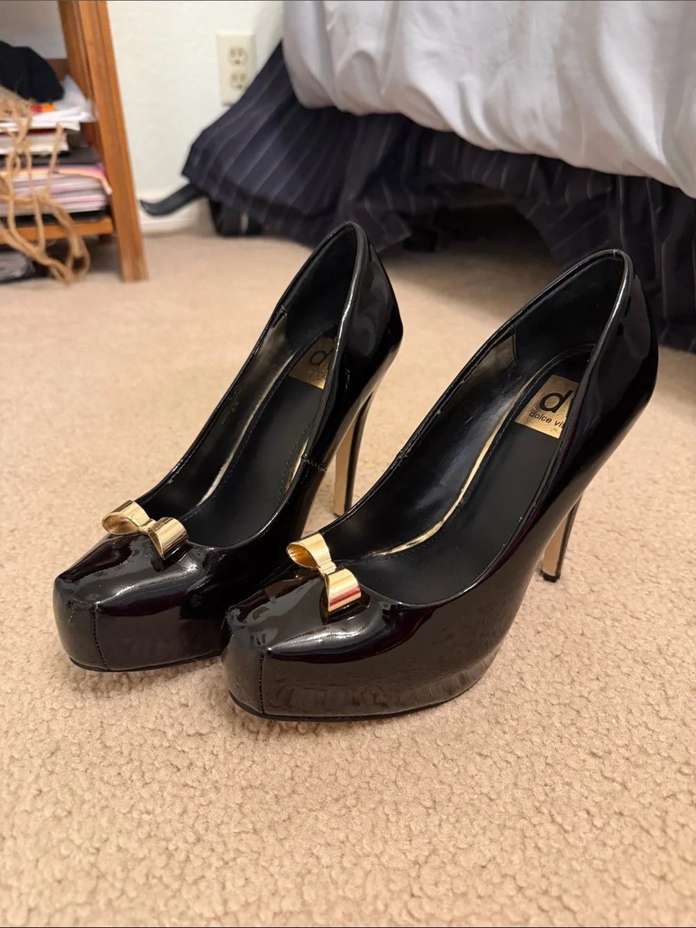 Dolce Vita Black Patent Platform Pumps with Gold Bow